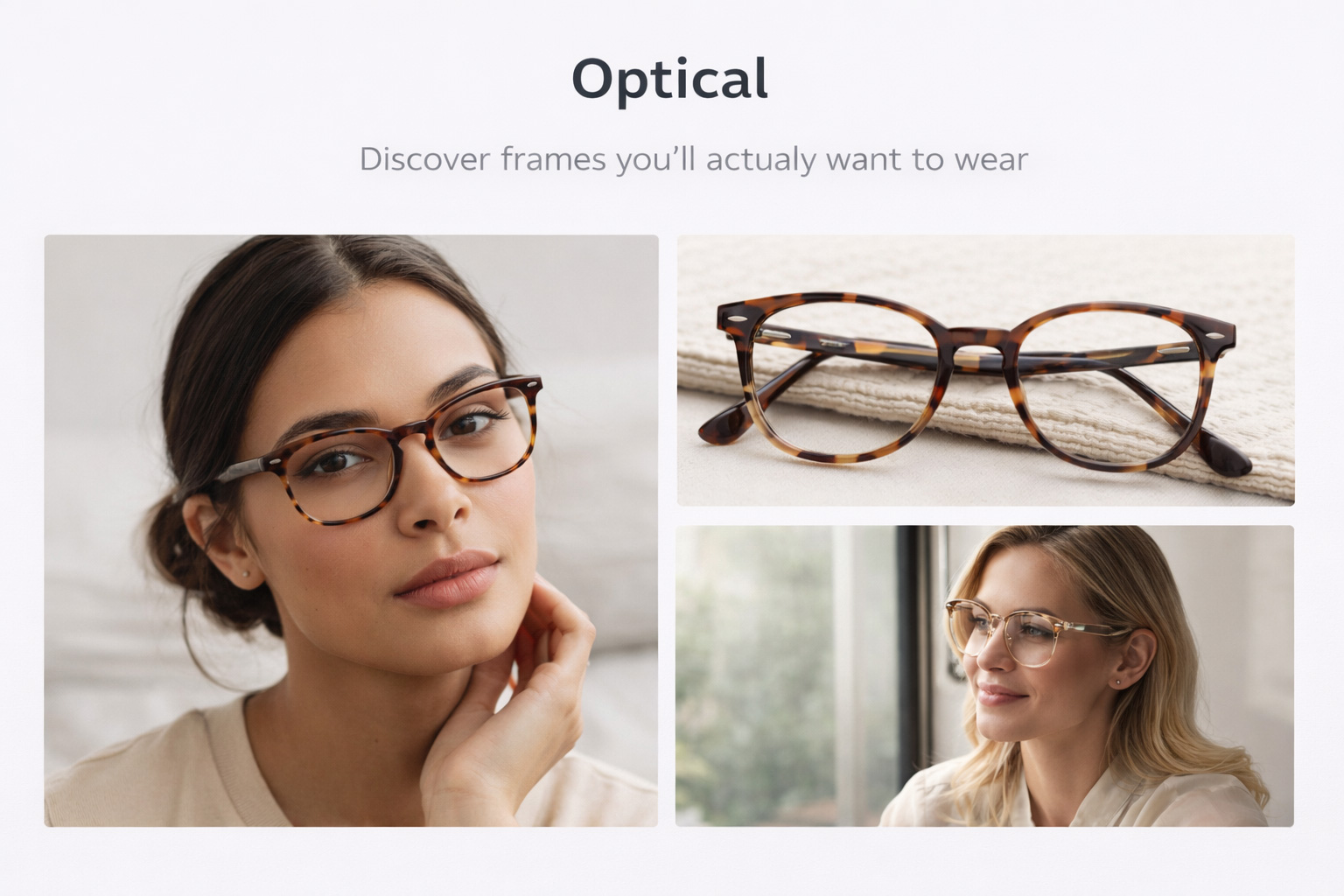 Optical page featuring models wearing frames and strong product imagery