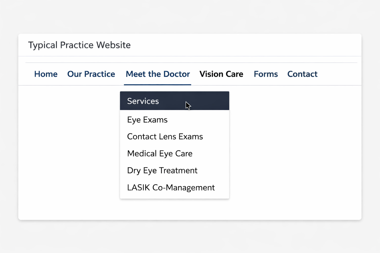 Typical practice website menu with optical buried or missing